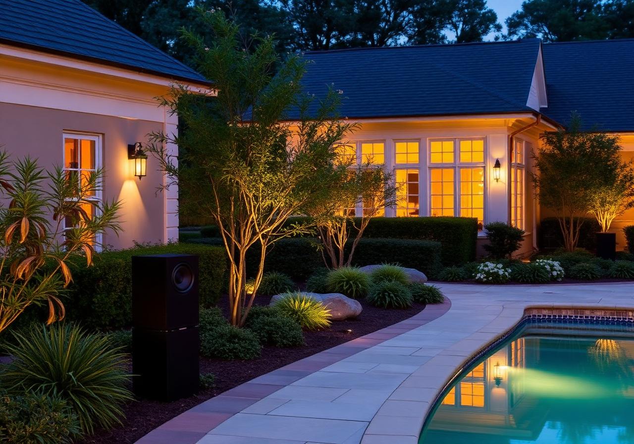Outdoor landscape speakers in a Georgia estate at dusk
