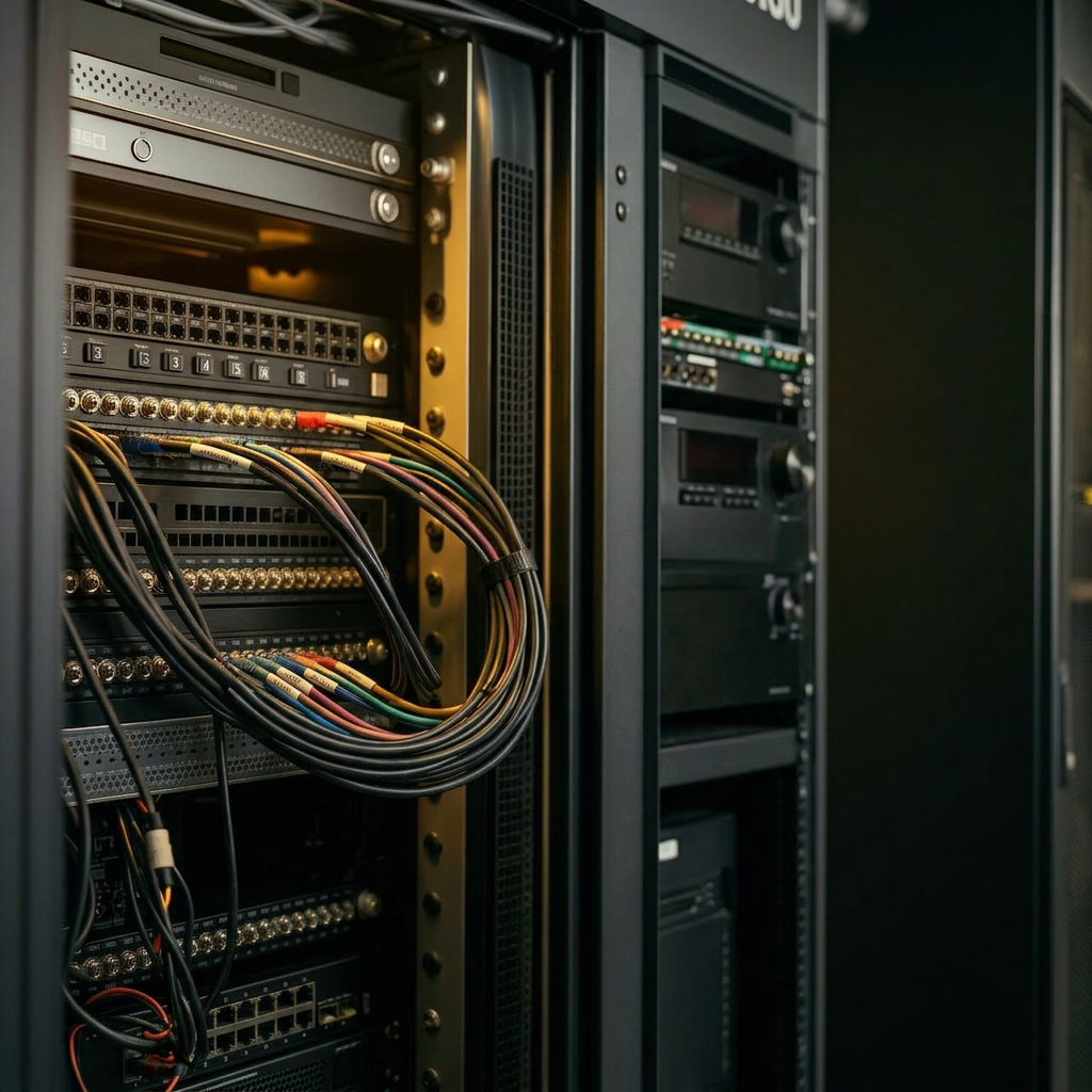 Neatly wired equipment rack with labeled cables and rack-mounted AV gear