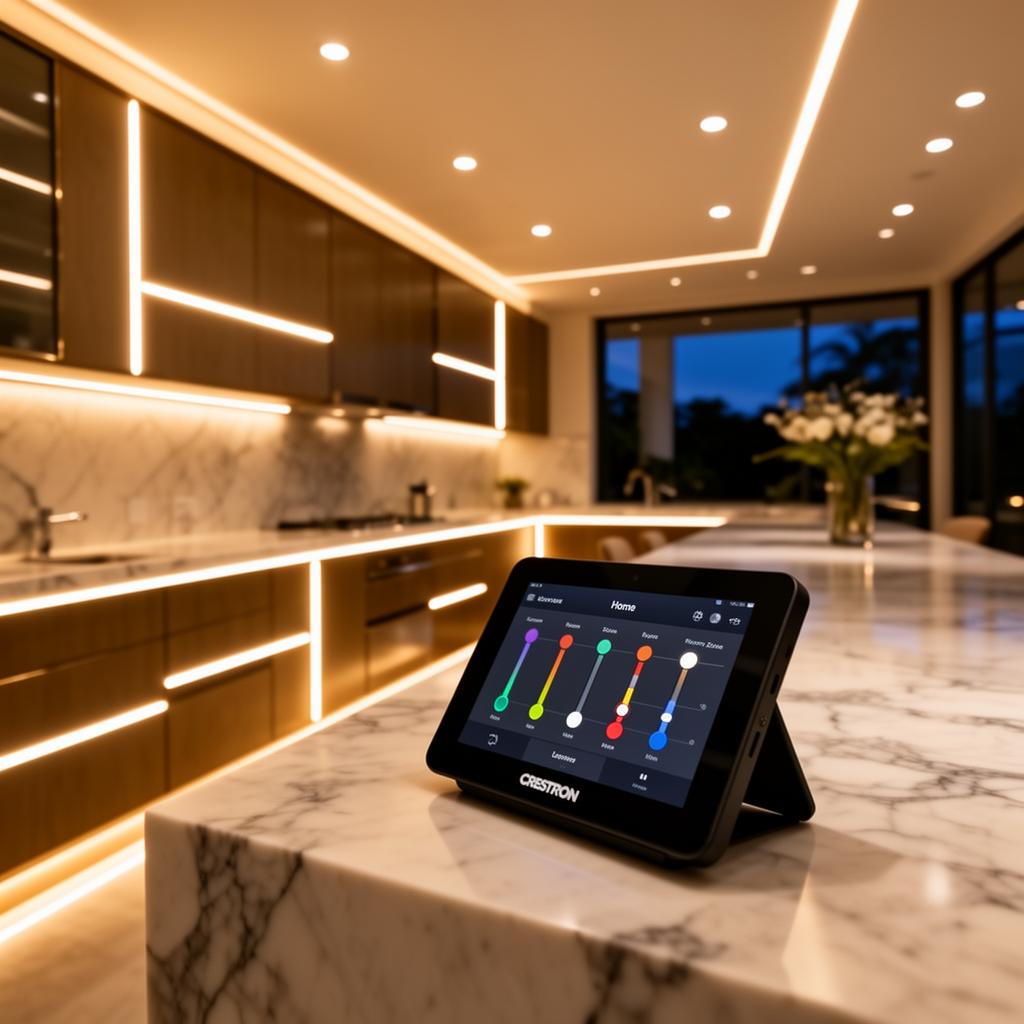 Modern kitchen with integrated linear LED lighting and a Crestron tabletop touchscreen on the lighting control interface