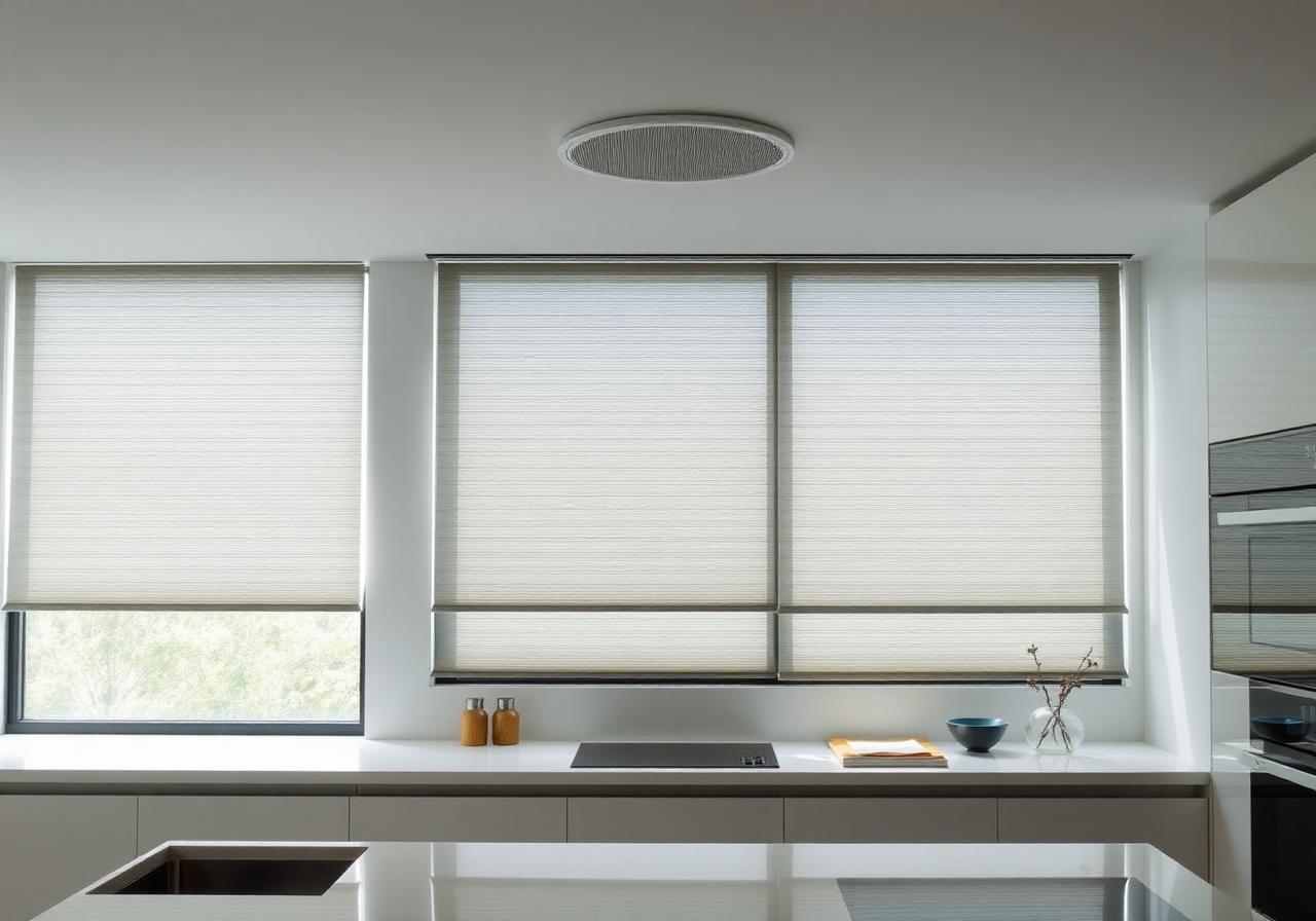 Motorized roller shades lowering over a minimal kitchen window